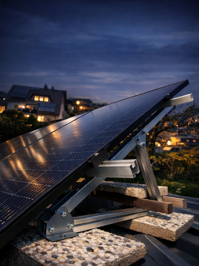 Tepto Balkonkraftwerk auf Flachdach bei Dämmerung, bei Köln