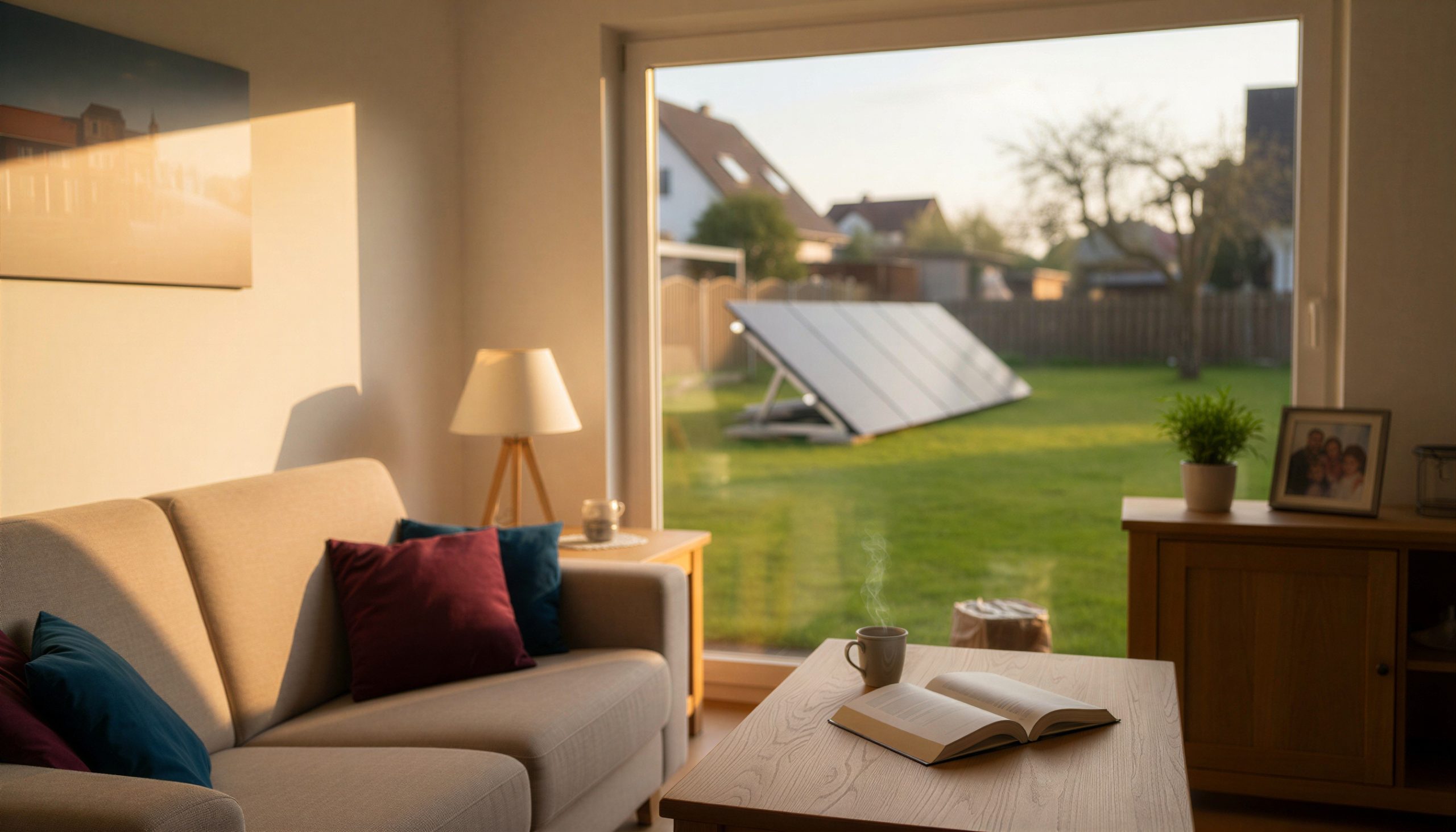 Wohnzimmer mit Blick in den Garten und Balkonkraftwerk
