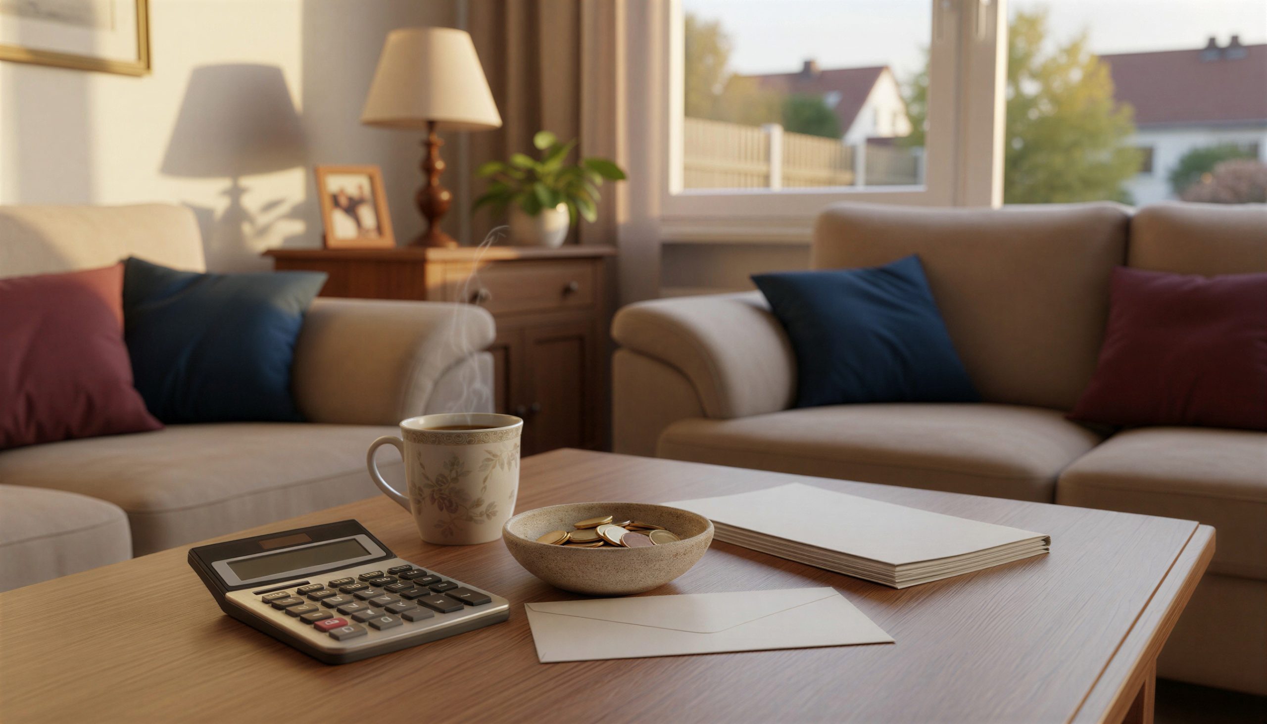 Wohnzimmer mit Tisch, Unterlagen und Finanzplanung im Alltag