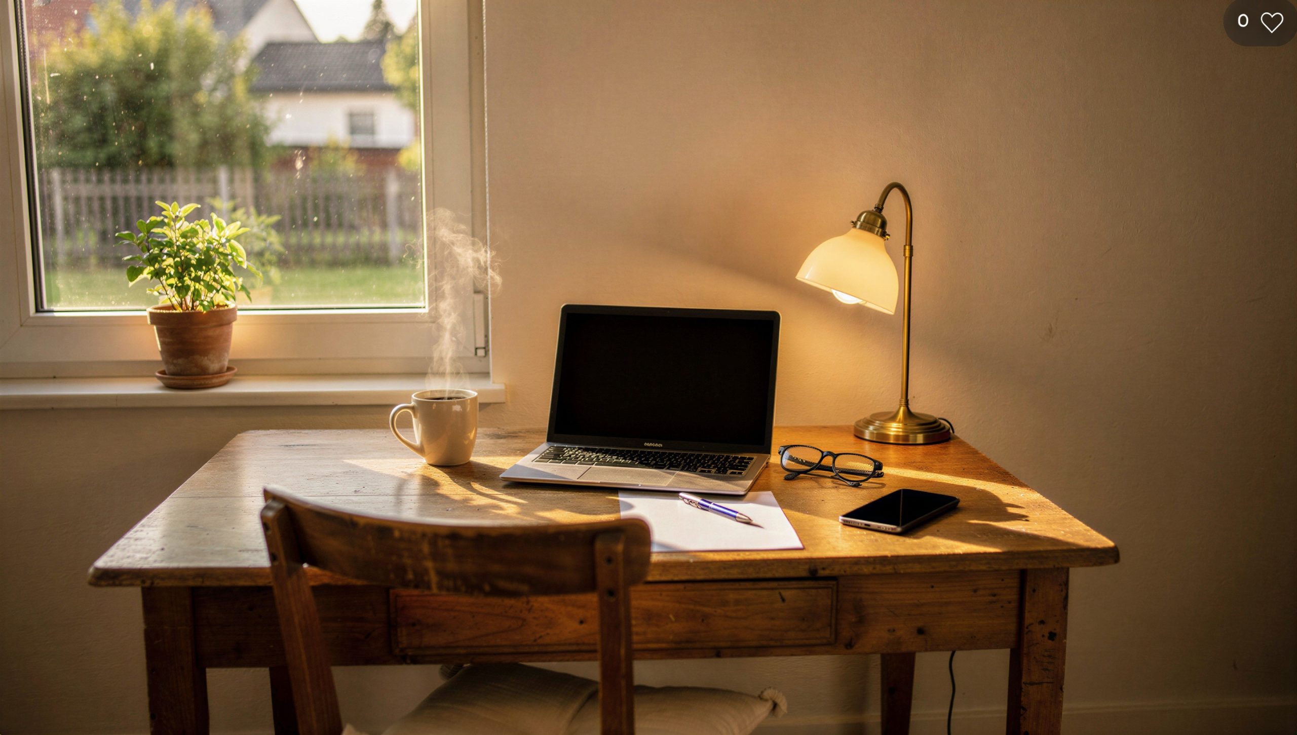 Schreibtisch mit Laptop und Kaffee